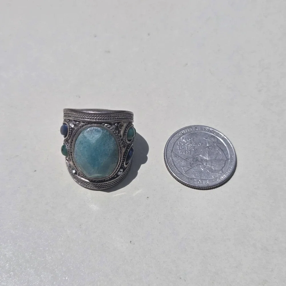 Vintage 925 Sterling Silver Mixed Stone Boho Statement Ring Size 7.25 Blue Green